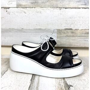 Fly London Womens 10 black leather Dare Lace-up platform slip on Wedge Sandal